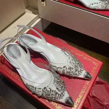 PVC Kive Pulm Kingad Hõbe Pumbad Pikad Varba Sandaalid Crystal-Läbipaistev Korterid Naiste Sandalias Mujer Zapatos